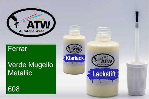 Ferrari, Verde Mugello Metallic, 608: 20ml Lackstift + 20ml Klarlack - Set, von ATW Autoteile West.